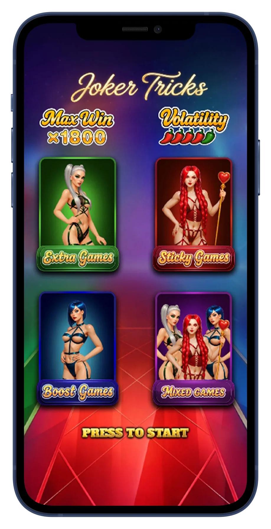 Joker Tricks reel stage showing the three colour-coded performers